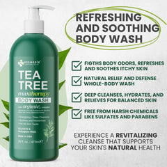 KESMEDIK Tea Tree Body Wash aloe vera leaf beside bottle signals gentle hydration.