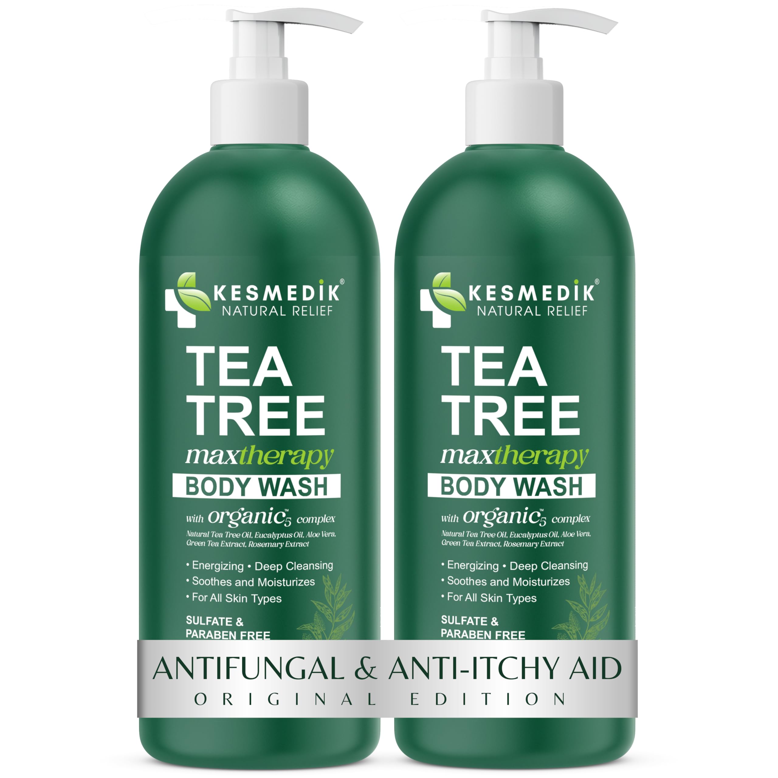 KESMEDIK Tea Tree Body Wash bottle provides a refreshing cleanse for balanced skin.