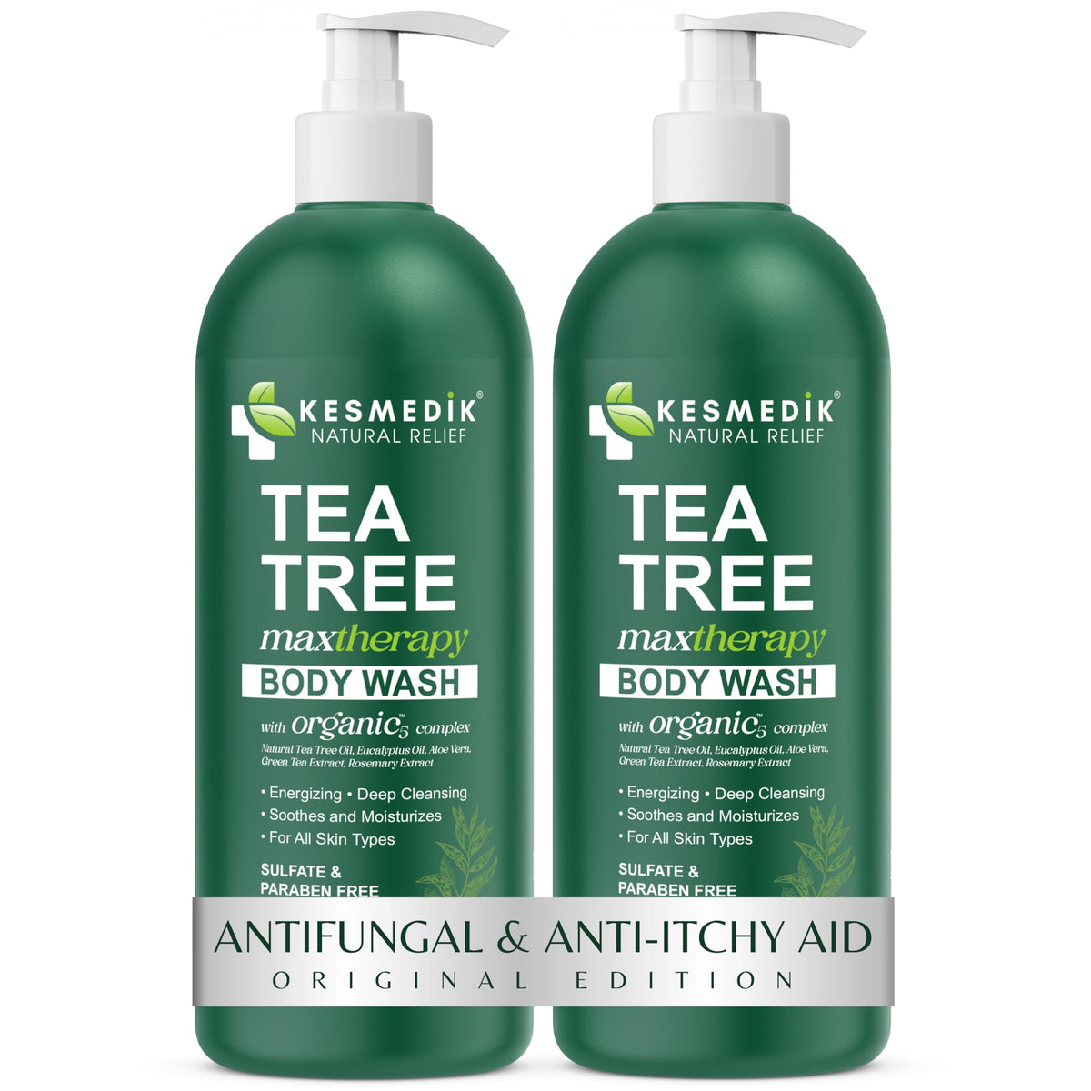KESMEDIK Tea Tree Body Wash bottle provides a refreshing cleanse for balanced skin.