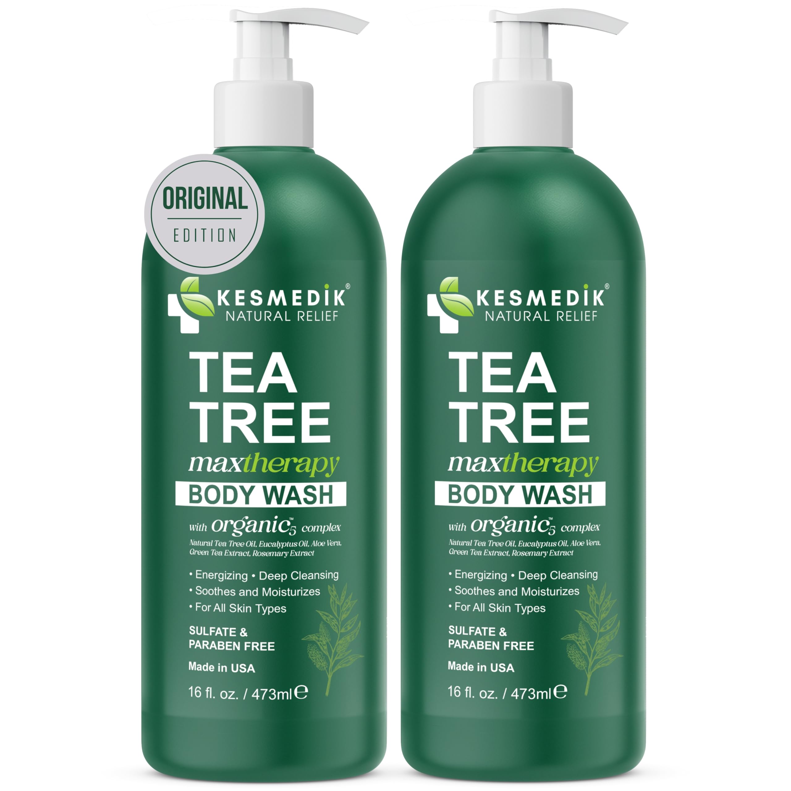 KESMEDIK Tea Tree Body Wash two-pack image emphasizes value for routines.