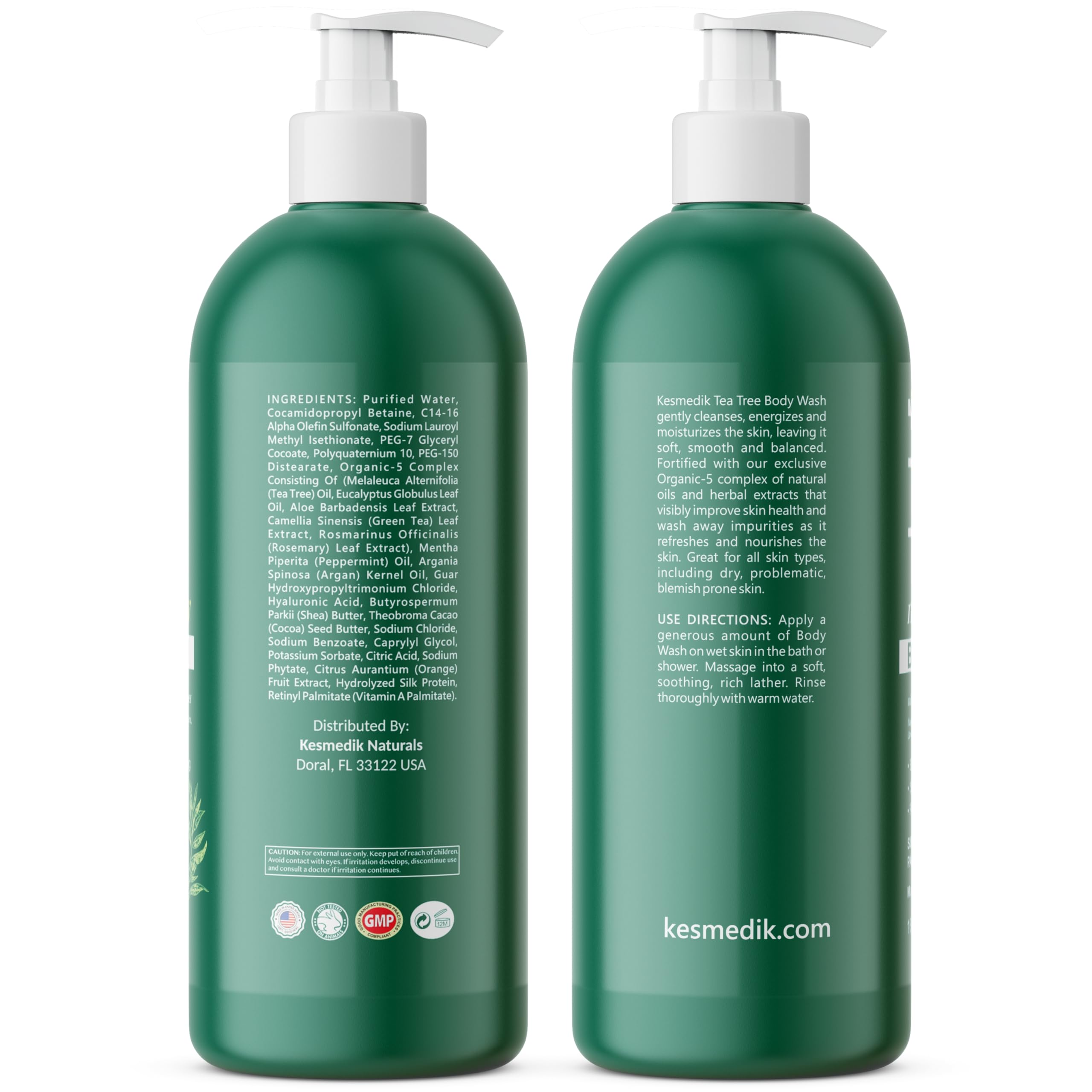 KESMEDIK Tea Tree Body Wash USA-made badge reinforces trusted ingredients.