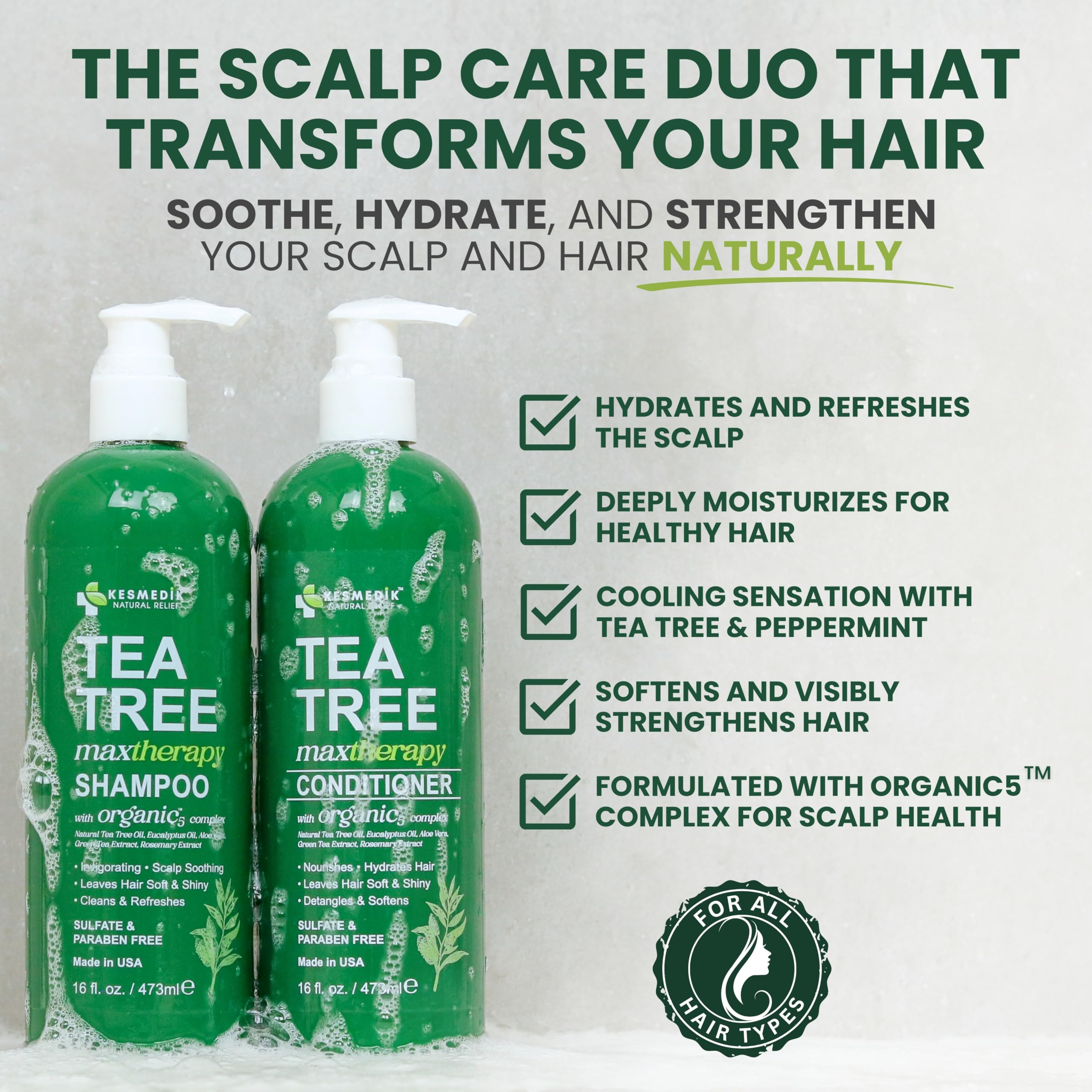 KESMEDIK Tea Tree Conditioner bottle provides smooth detangling for hair