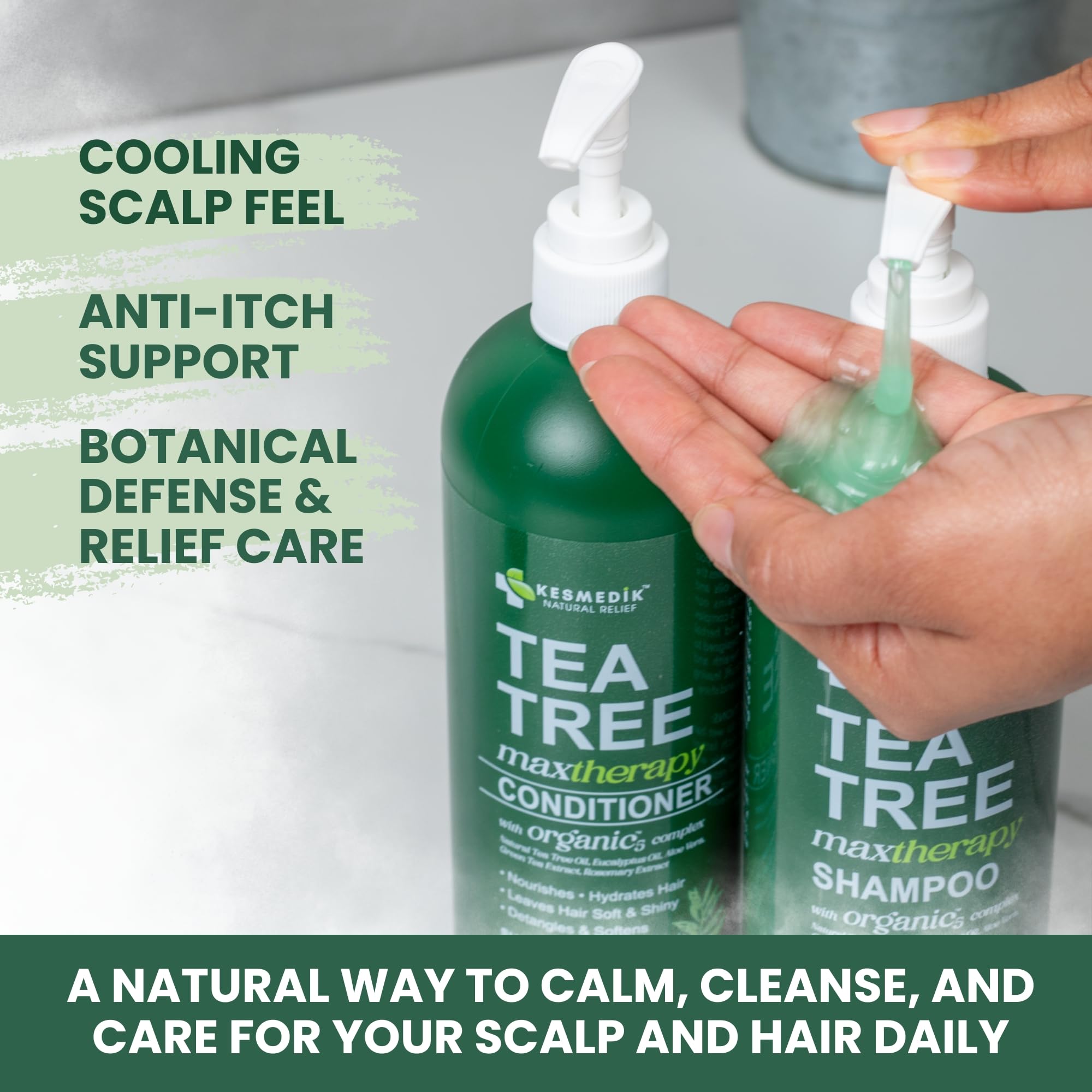 KESMEDIK Tea Tree Conditioner close-up demonstrates detangling and shine