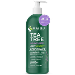 KESMEDIK Tea Tree & Lavender Conditioner bottle on shelf promotes refreshed, hydrated hair.