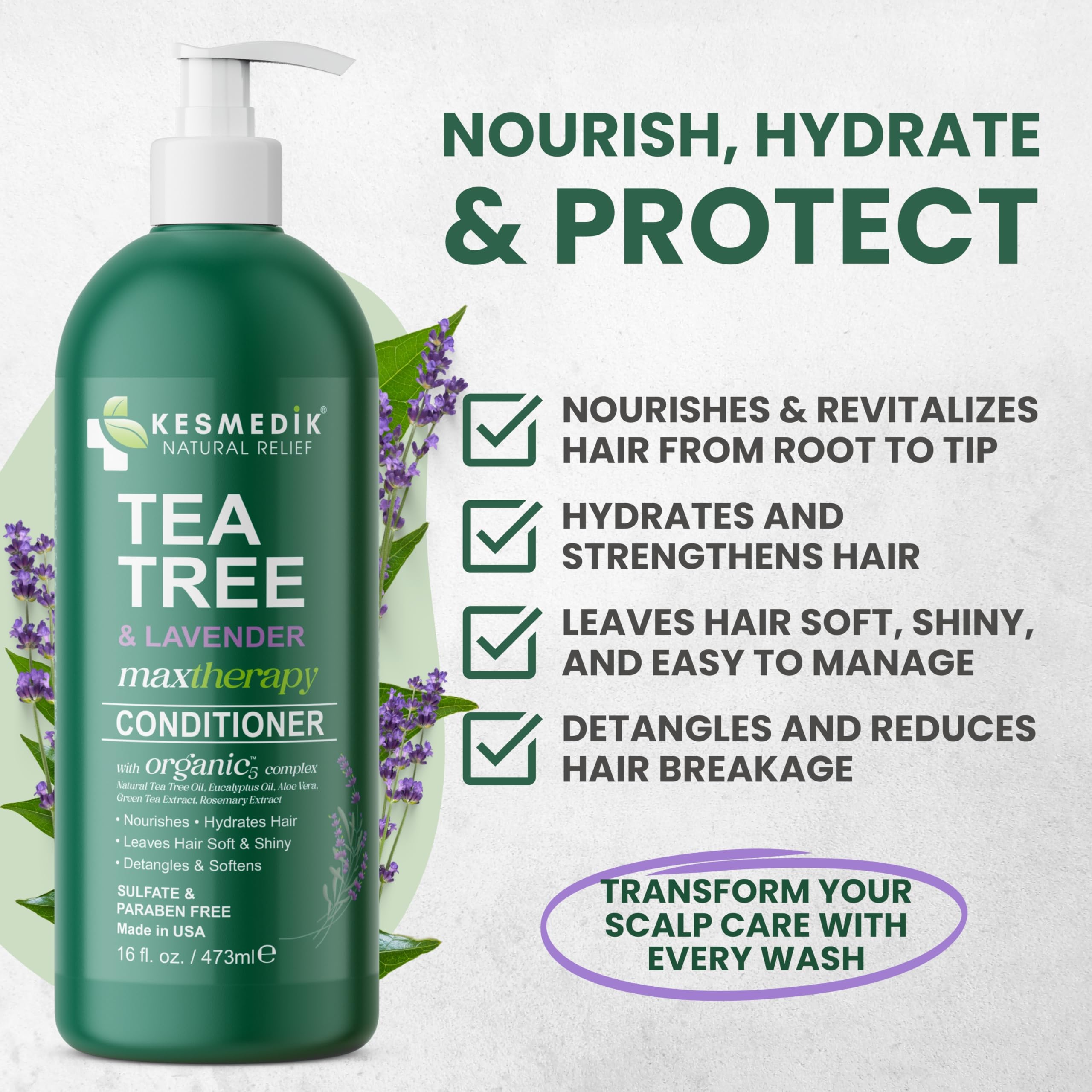KESMEDIK conditioner pump dispensing creamy formula for detangling.