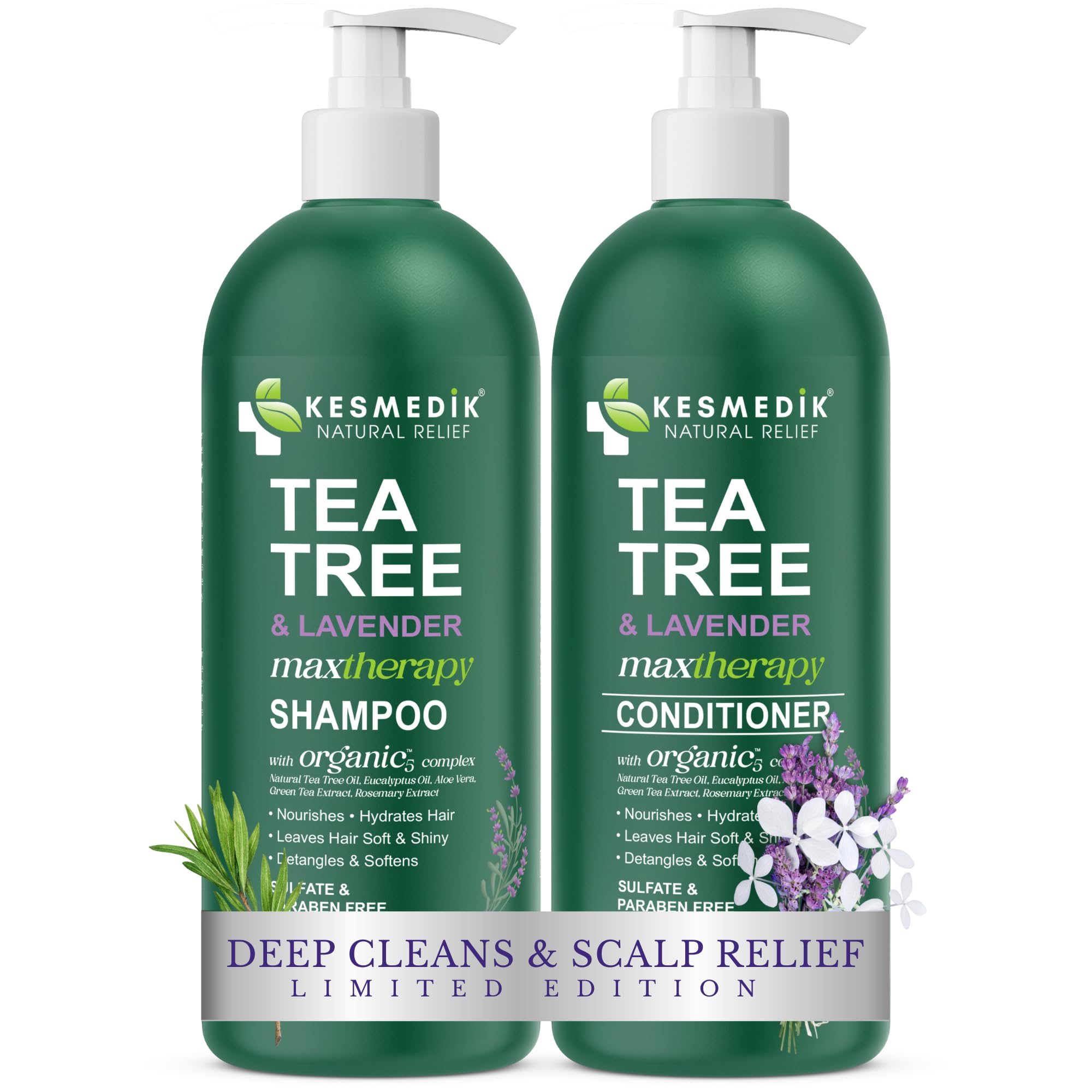 KESMEDIK Tea Tree Lavender Shampoo bottle ready for a refreshing scalp cleanse and balanced oils.