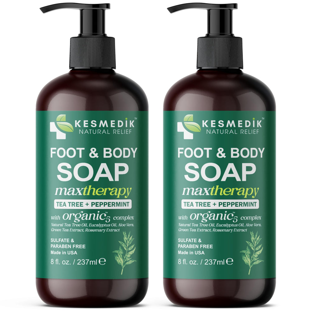 KESMEDIK Tea Tree Oil Foot & Body Soap bottle pour for refreshing cleansing
