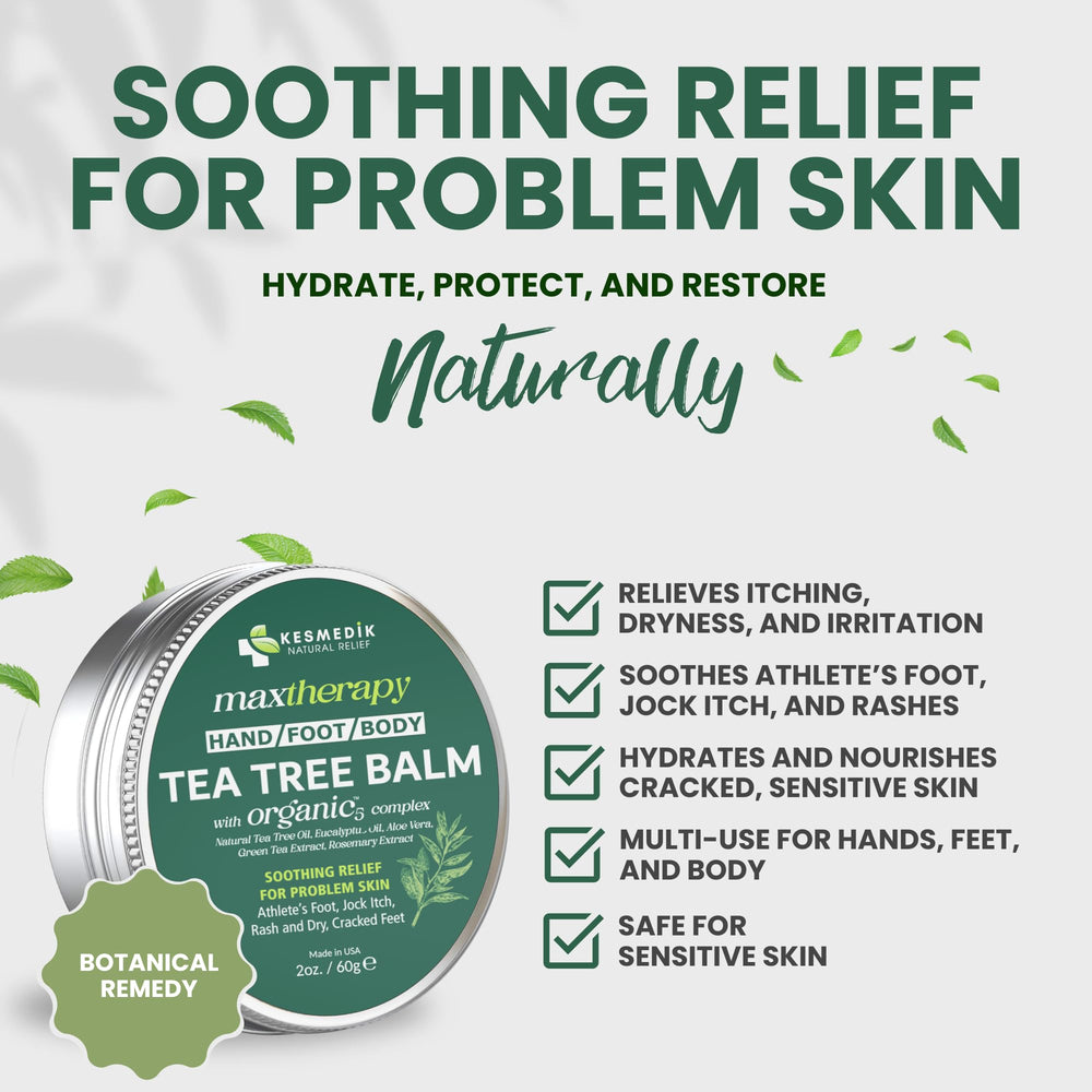 KESMEDIK Tea Tree Oil MaxTherapy Balm bottle closeup highlighting non-greasy texture.