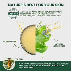 KESMEDIK Tea Tree Oil MaxTherapy Balm ingredients include aloe vera for hydration.