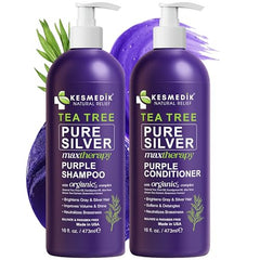 KESMEDIK Tea Tree Purple Shampoo bottle demonstrating toning for cooler blonde tones.