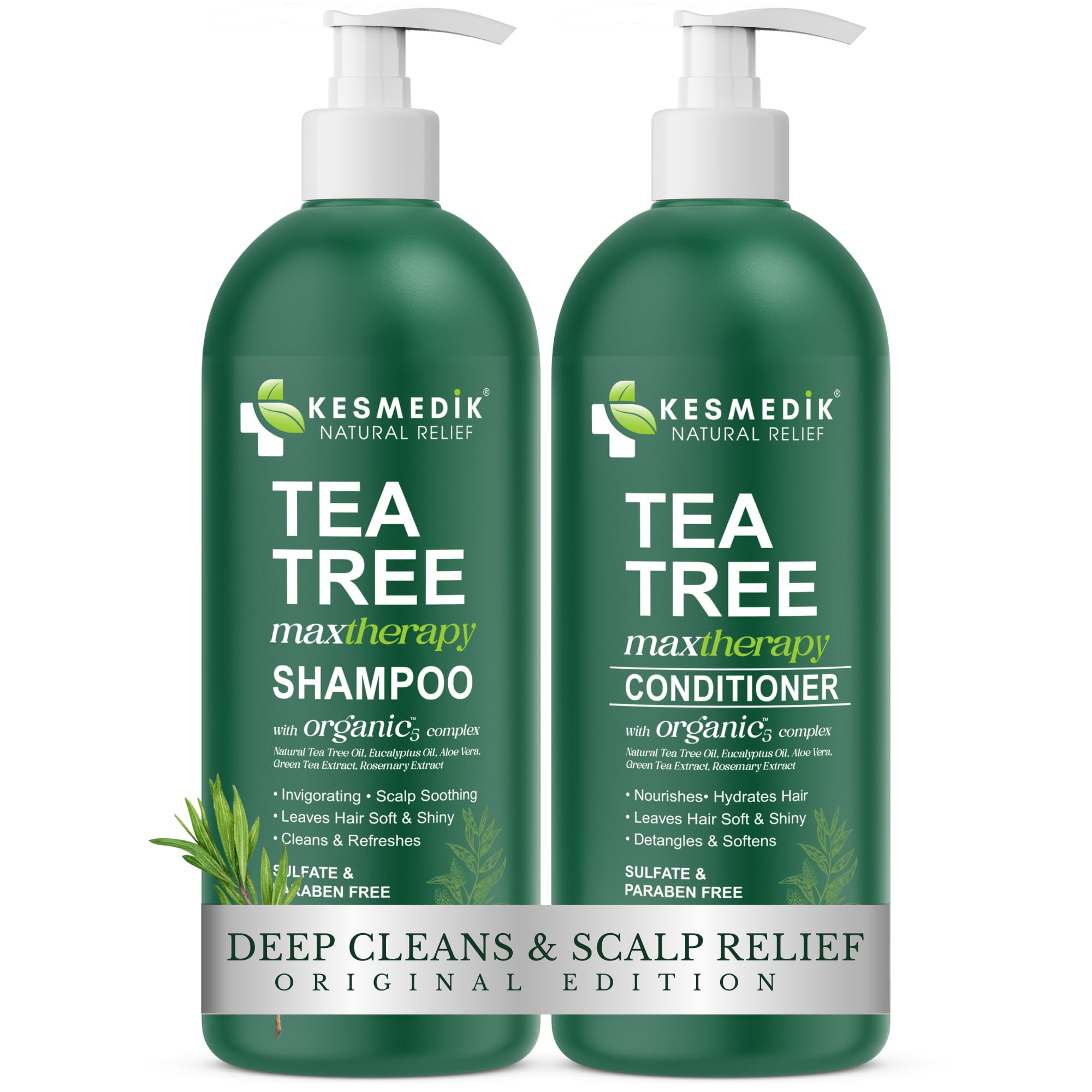KESMEDIK Tea Tree Shampoo bottle shows refreshing cleanse for scalp