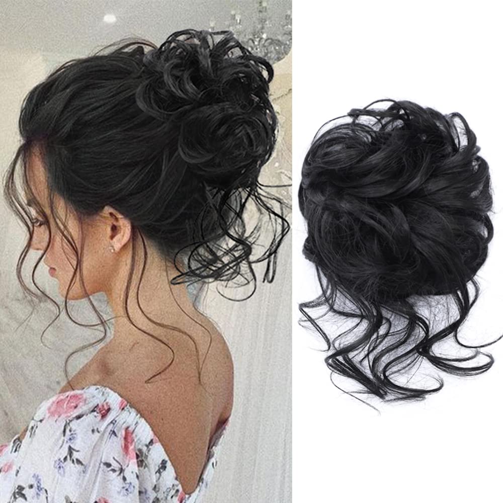 KETHBE messy bun hair piece with curls and elastic band for secure wear