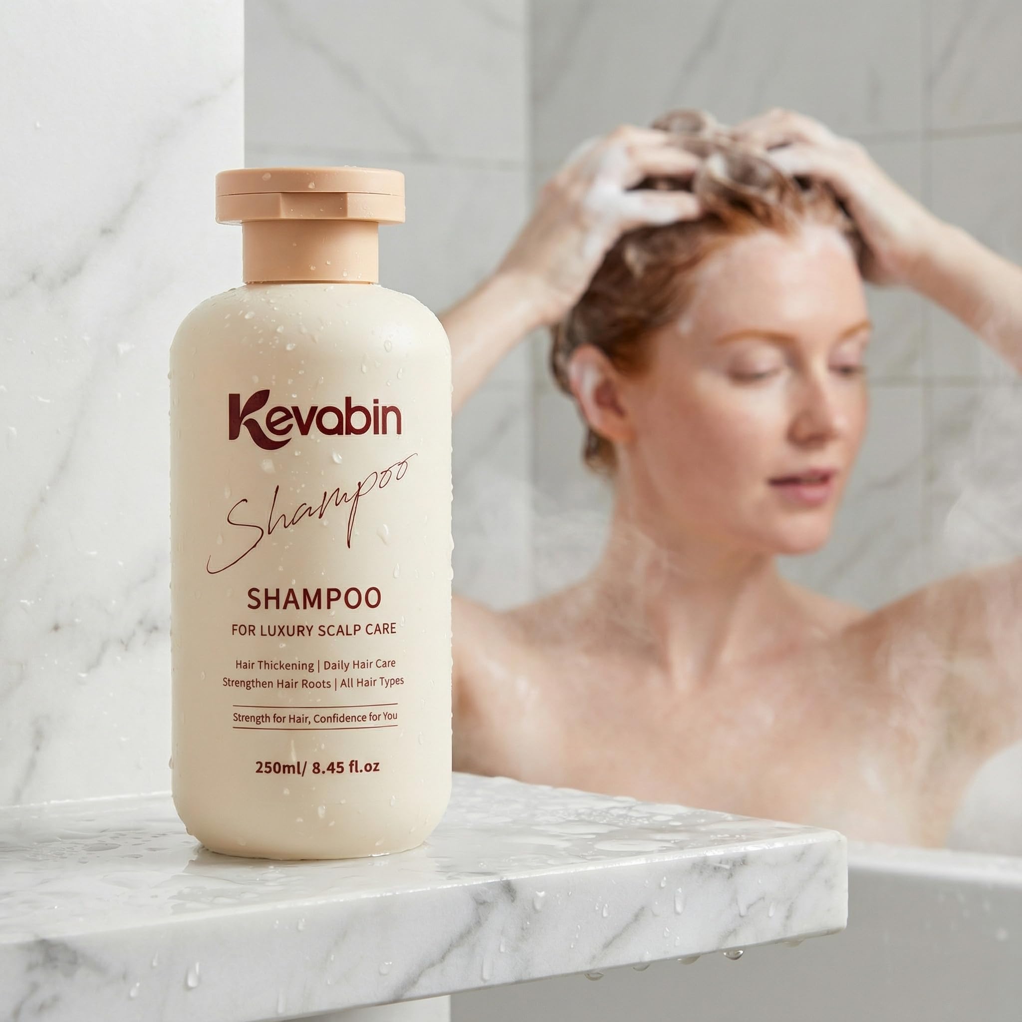 Kevabin daily-use hair growth shampoo on bathroom shelf
