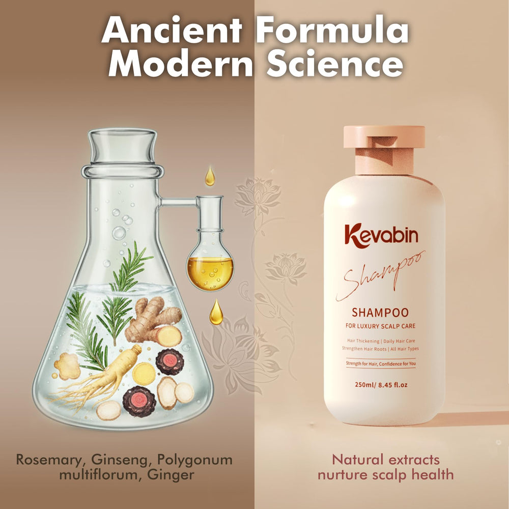 Kevabin shampoo ingredients panel featuring ginger, rosemary, caffeine and ginseng