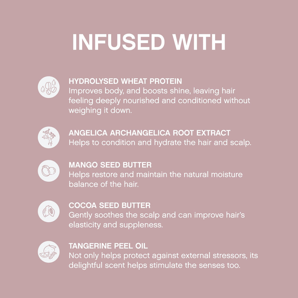 Close-up of Mango and Cocoa Butter ingredients powering nourishing conditioning