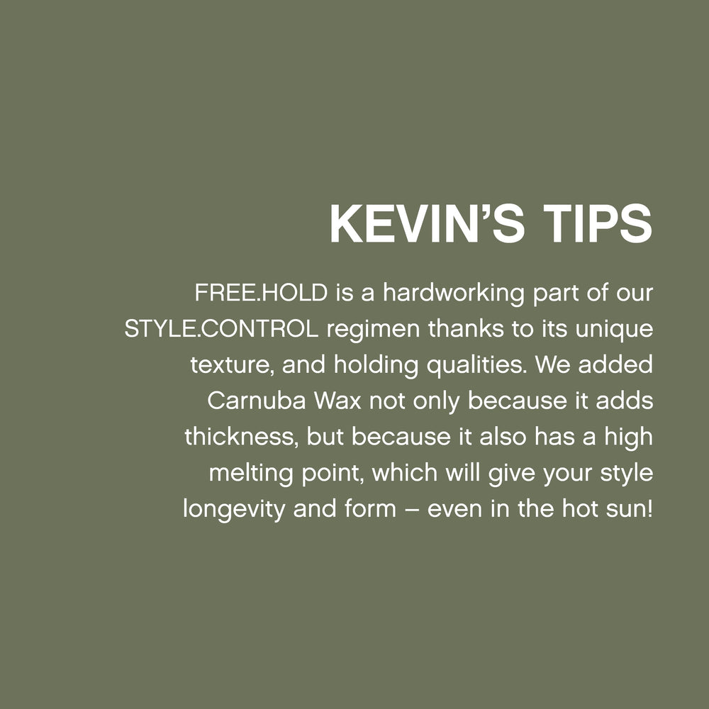 KEVIN.MURPHY FREE.HOLD packaging closeup emphasizing clean, paraben-free credentials.