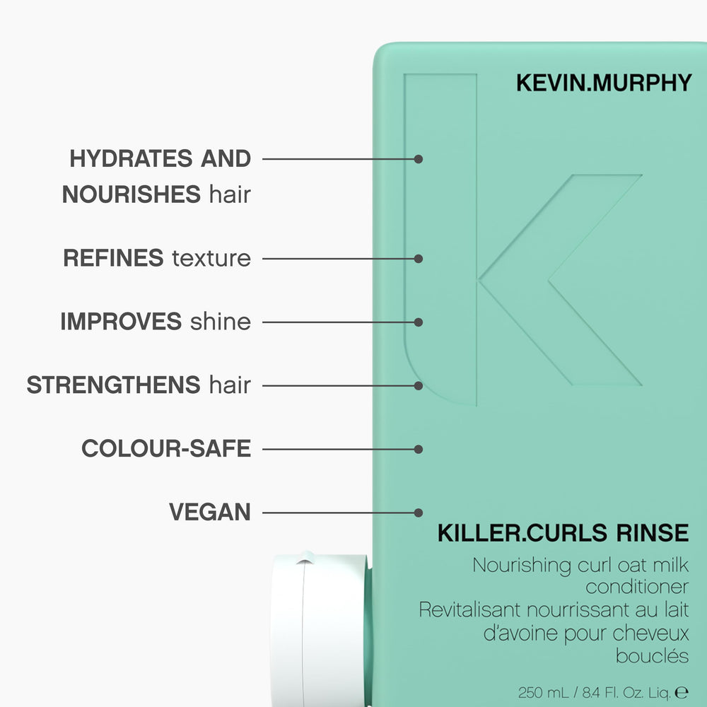 Hands applying formula to damp curls for hydrating, manageable results.