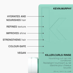 Hands applying formula to damp curls for hydrating, manageable results.