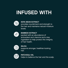 Nourishing soya bean and bamboo extracts support hair strength and resilience