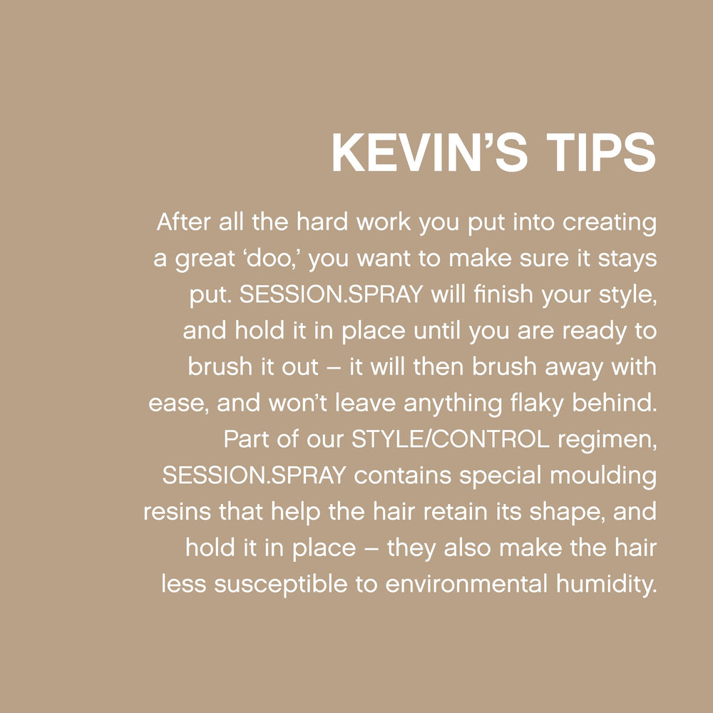 Kevin Murphy Session Strong Hold Finishing Spray in a modern salon setup for professional results.