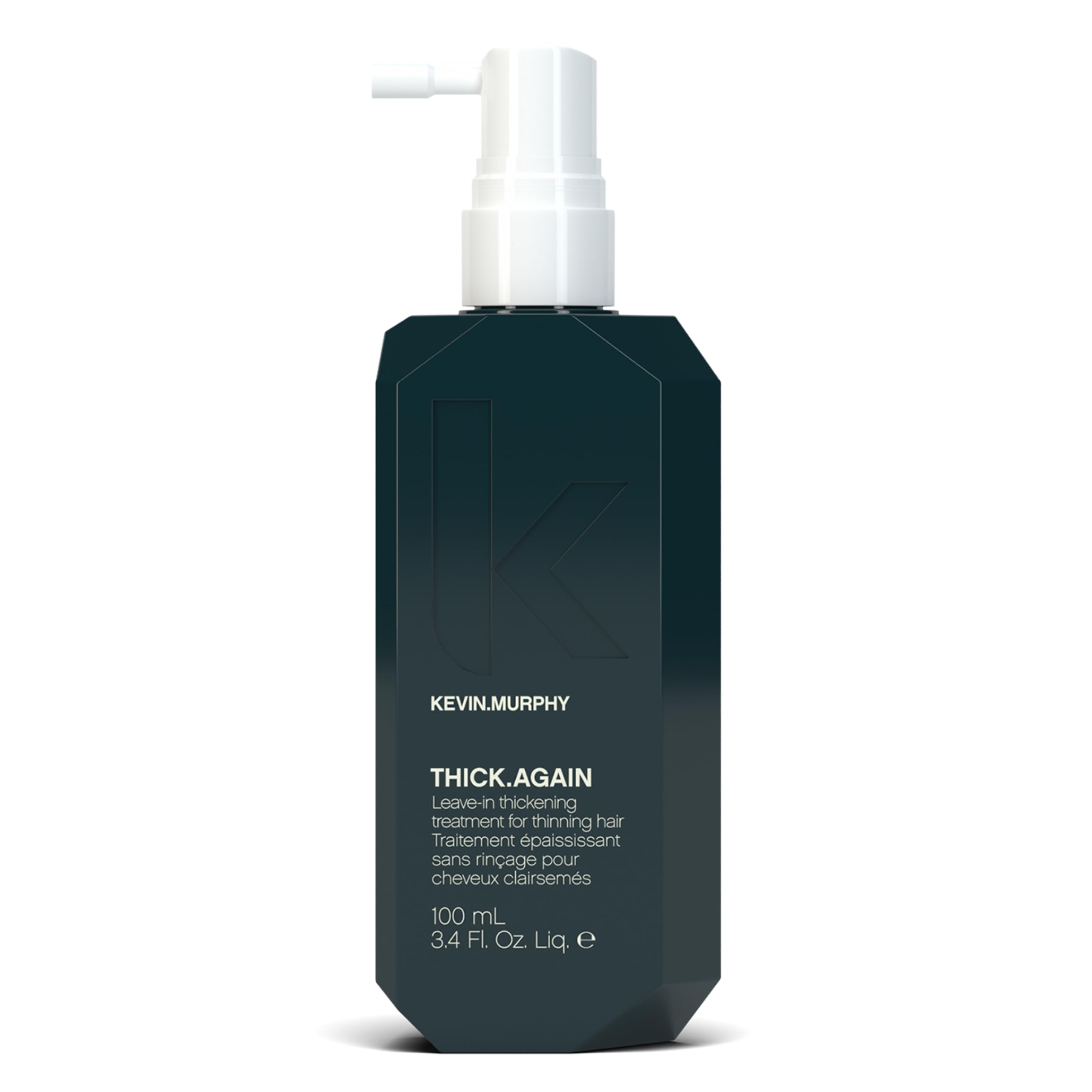 KEVIN.MURPHY THICK.AGAIN bottle closeup for a lightweight treatment for fine, thinning hair