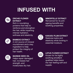 Ingredients panel with Baobab Seed Oil and Orchid Extract suggesting nourishing softness.