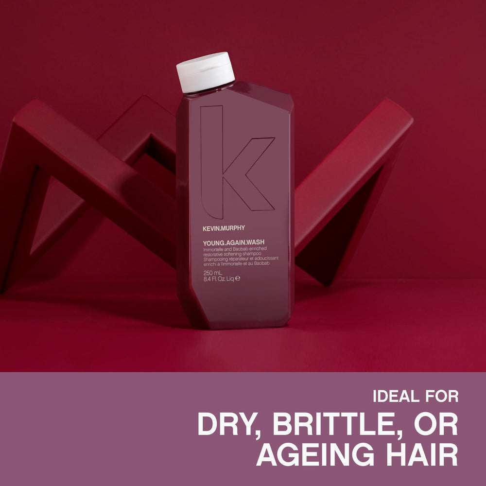 KEVIN.MURPHY YOUNG.AGAIN.WASH packaging shows sulfate- and paraben-free formula for gentle cleansing.
