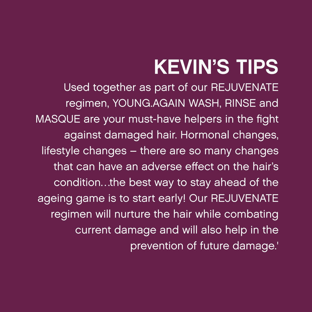 KEVIN.MURPHY YOUNG.AGAIN.WASH bottles on a clean bathroom shelf for home use.