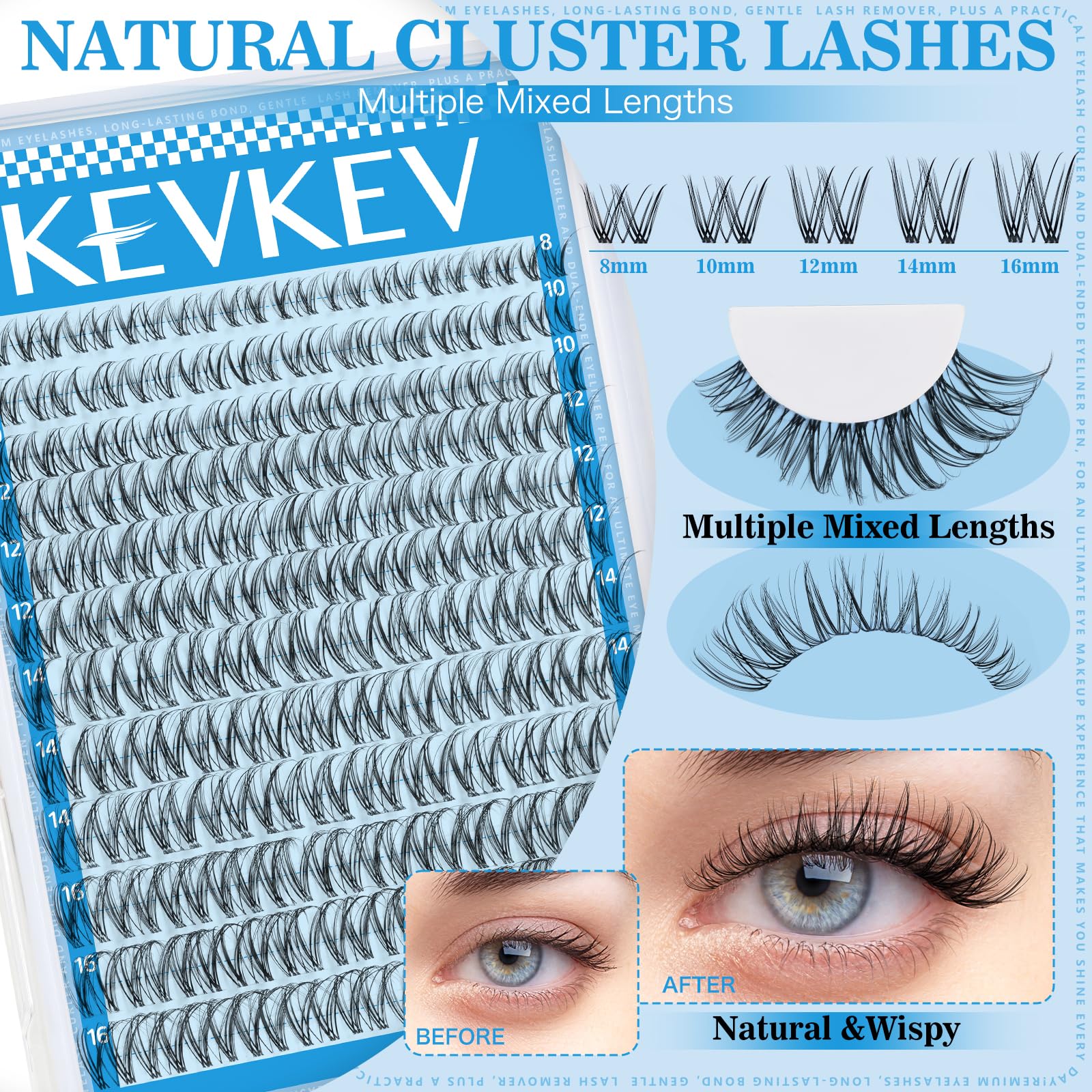 KevKev lashes of different lengths 8-16 mm for flexible styling.