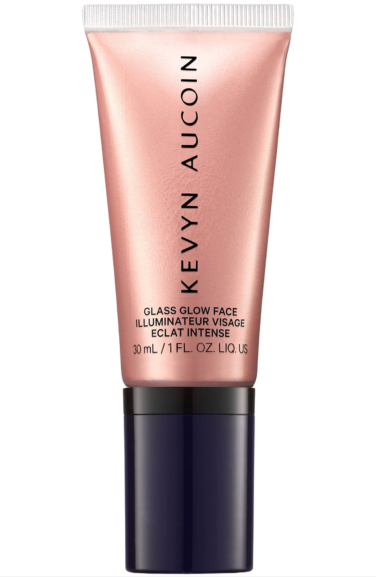 Kevyn Aucoin Glass Glow Face Prism Rose bottle with rosy glass glow on skin