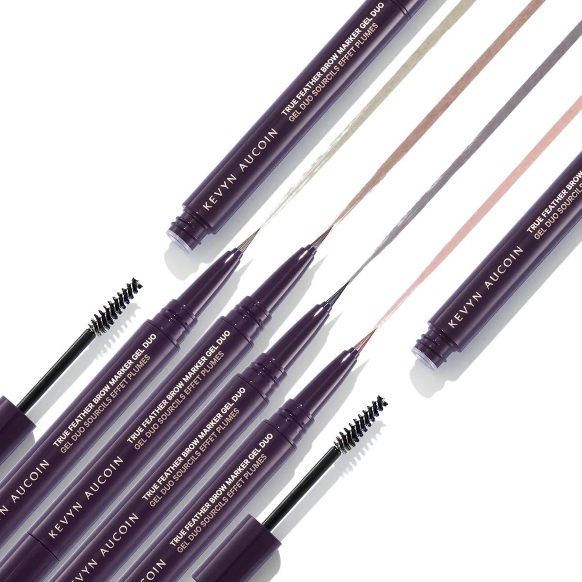 Kevyn Aucoin swatch shows warm brunette shade blends naturally with pink accent