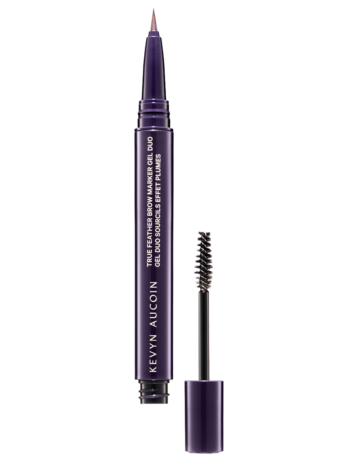 Kevyn Aucoin True Feather Brow Marker Gel Duo closeup highlights precise hair-like strokes for natural brows
