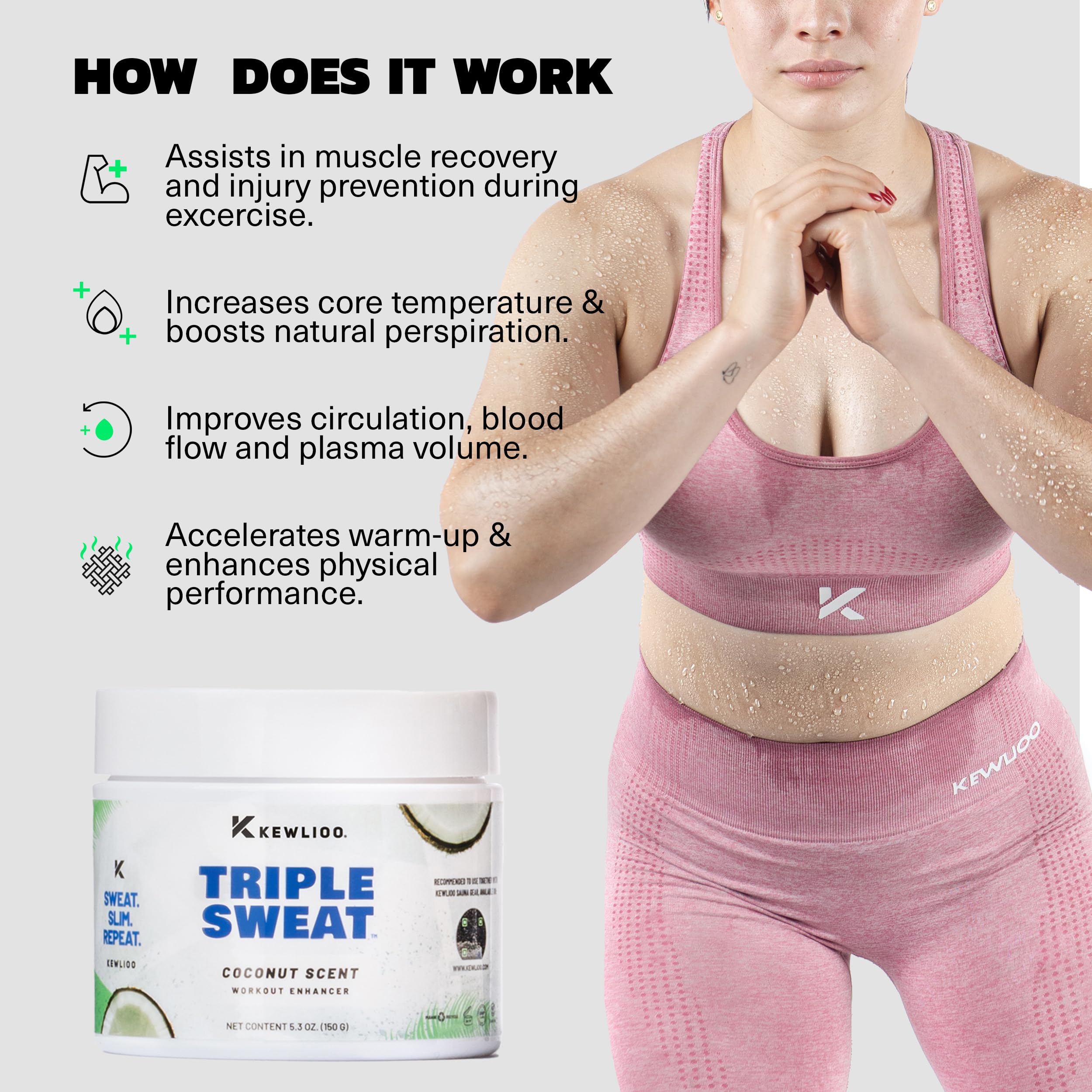 Kewlioo Triple Sweat Cream Coconut before-workout application on abdomen for warming.