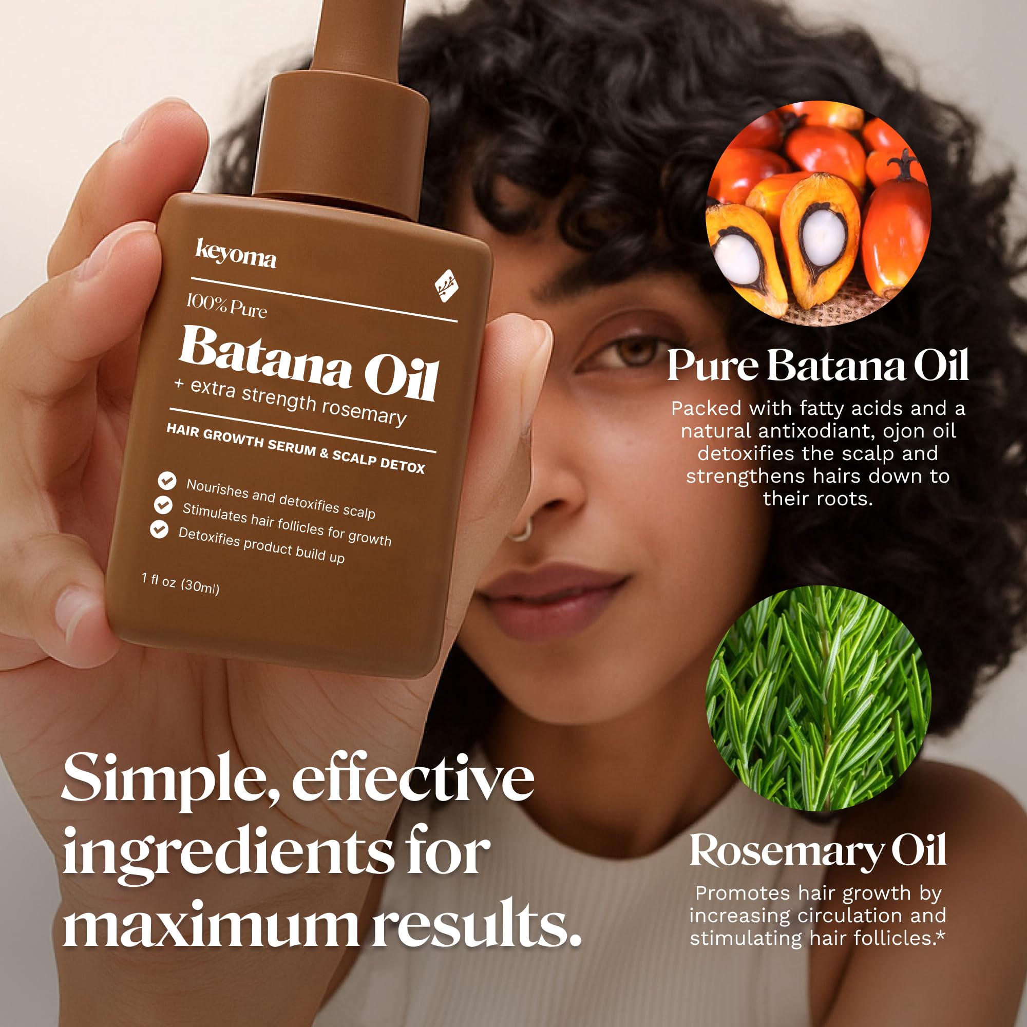 Keyoma Batana Oil shine on hair strands after application.
