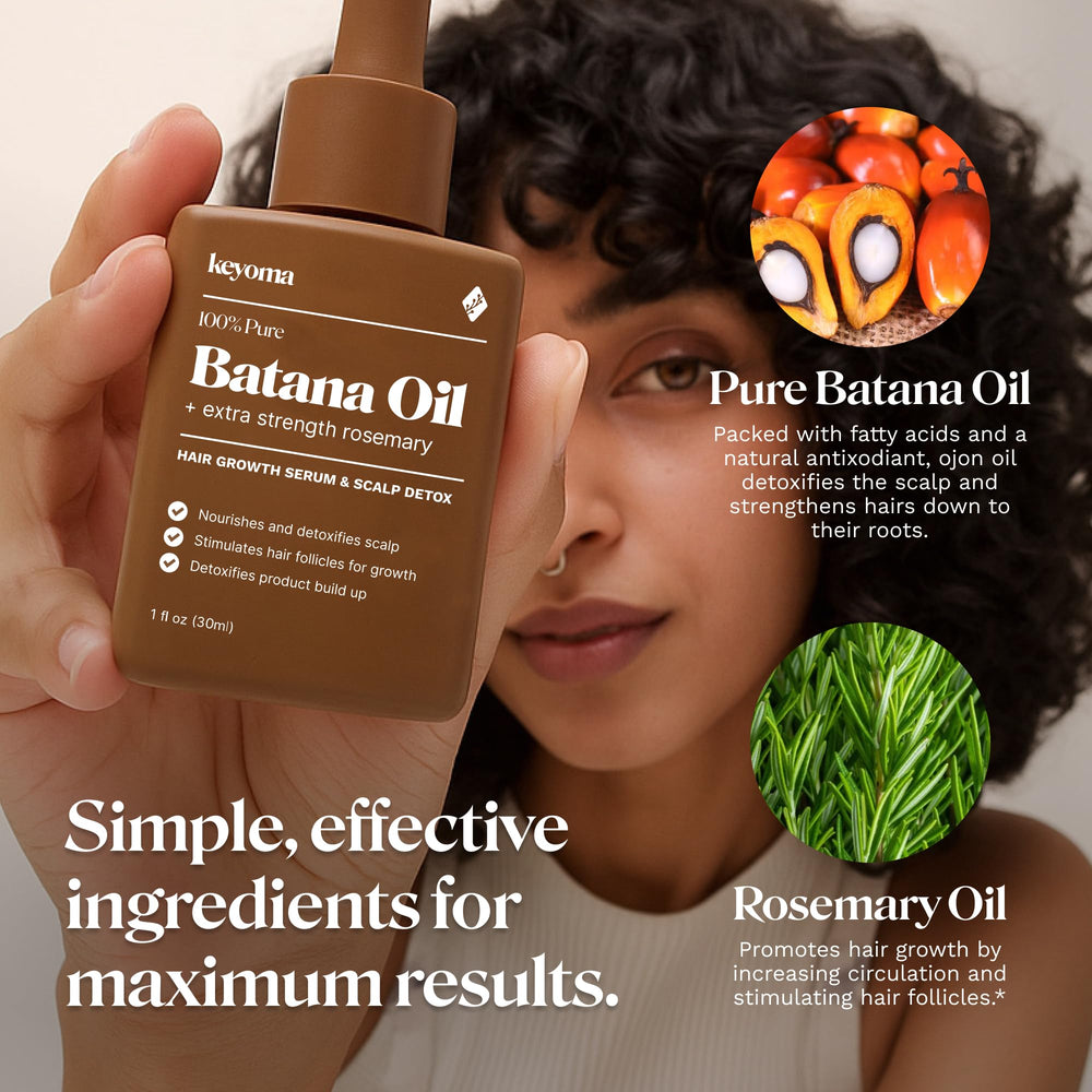 Keyoma Batana Oil shine on hair strands after application.
