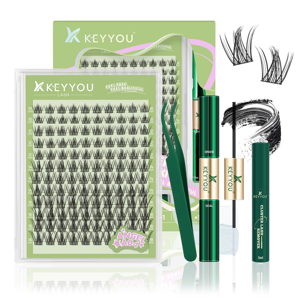 KEYYOU LASH Angel clusters kit showing ultra-thin lashes blending with natural lashes