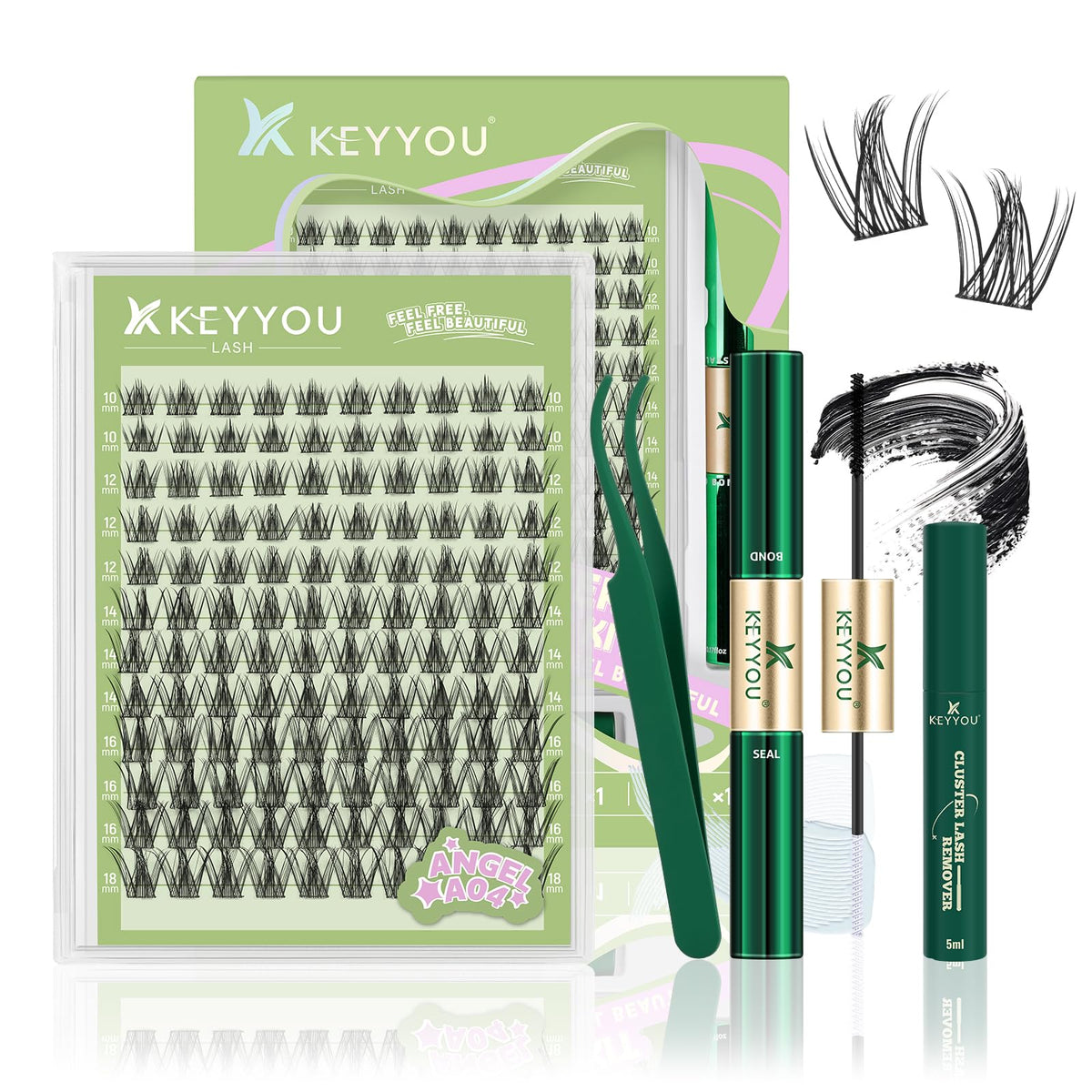 KEYYOU LASH Angel clusters kit showing ultra-thin lashes blending with natural lashes