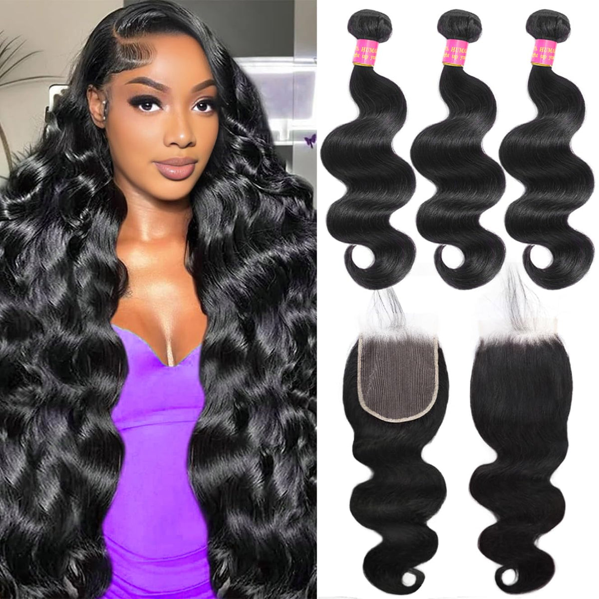GKGW 12A body wave bundles with closure 22-inch packshot showcasing natural fullness.