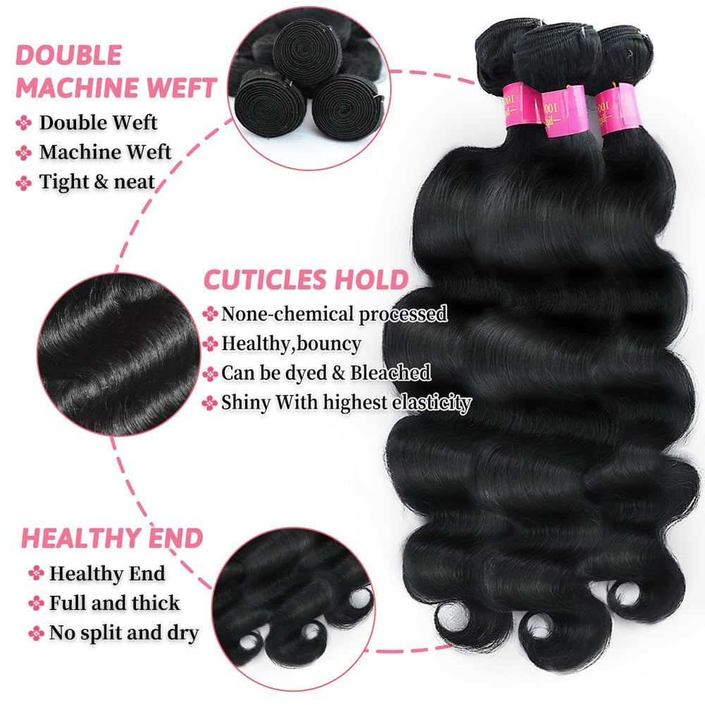 GKGW body wave bundles with closure close-up on weft highlights durability.