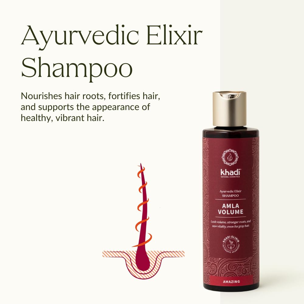 KHADI Amla Volume bottle close-up highlighting a natural vegan formula.