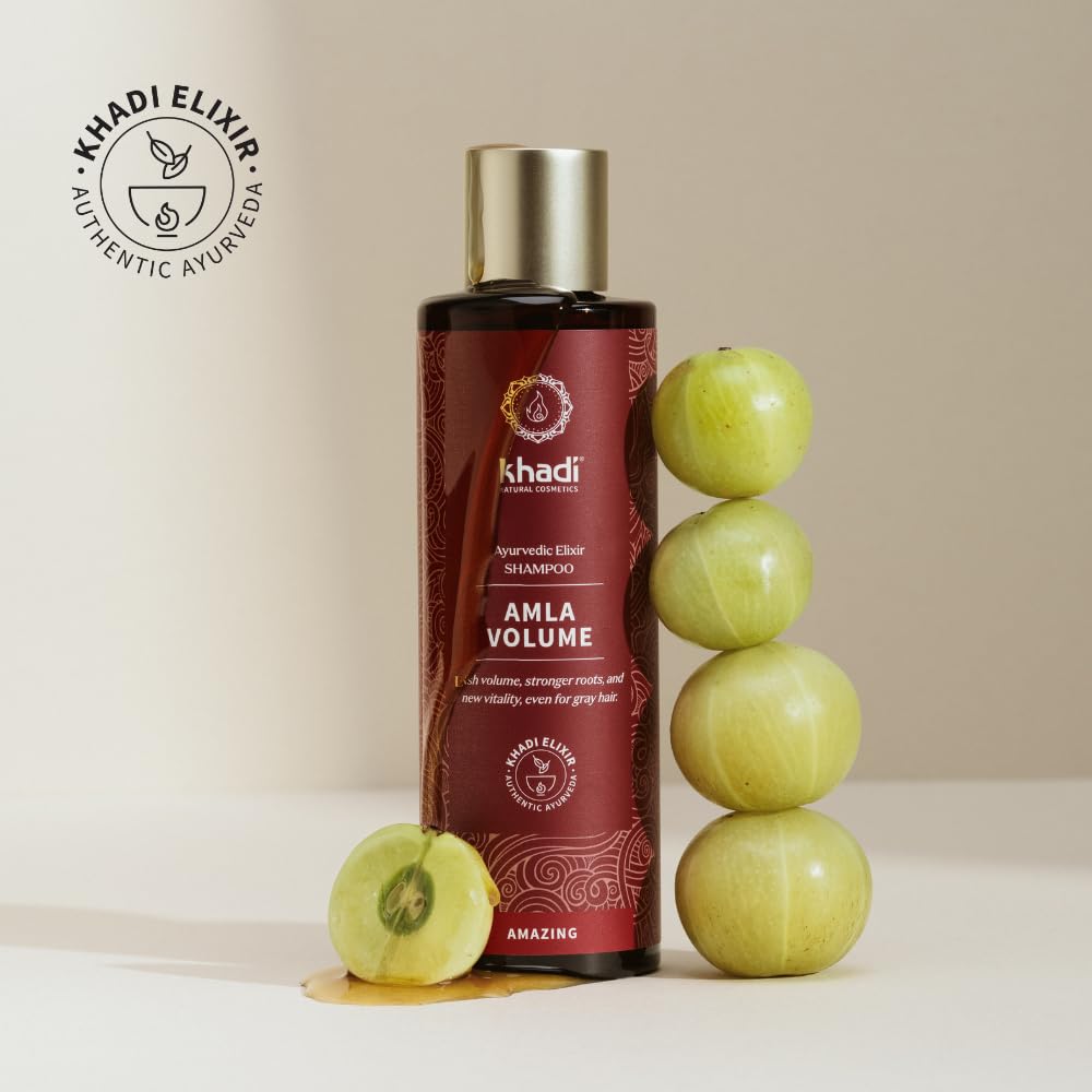 KHADI Amla Volume ingredients amla fruit close-up emphasizing Ayurvedic rejuvenation.