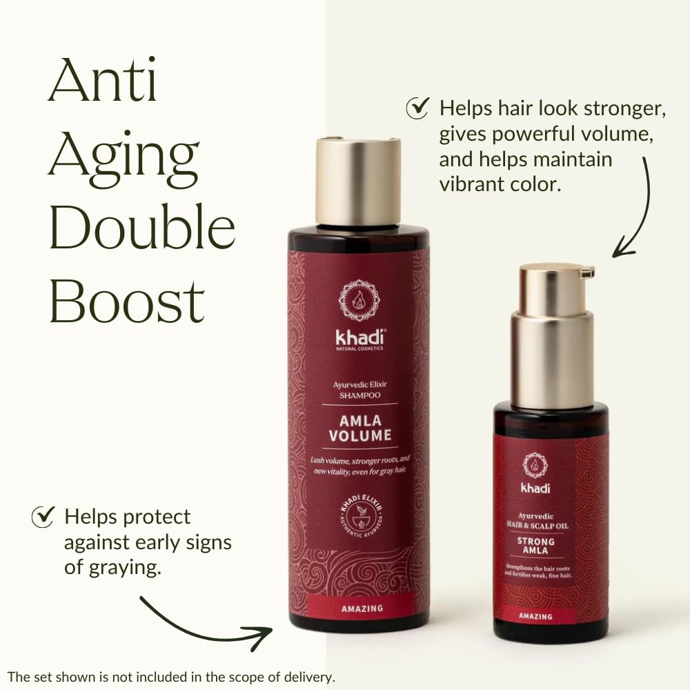 KHADI Amla Volume product label emphasizing 100% natural and vegan.