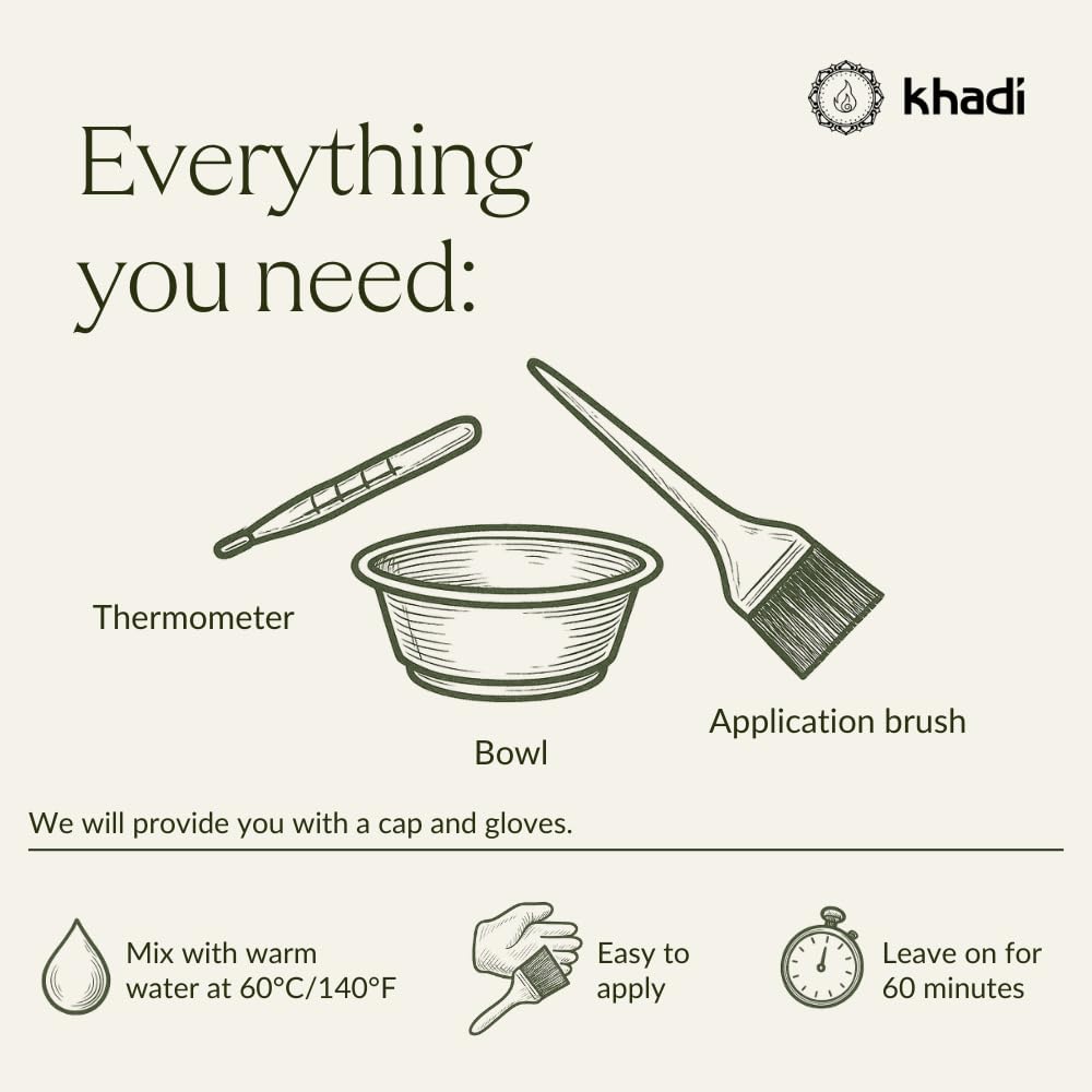 KHADI grey hair coverage step shows even natural color with plant pigments.