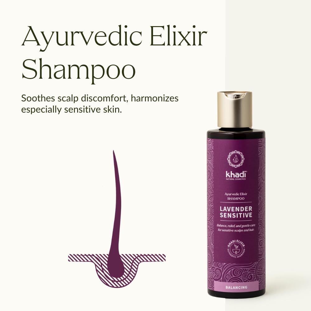 KHADI Lavender Sensitive Shampoo label close-up highlights natural silicone-free formula