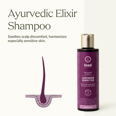 KHADI Lavender Sensitive Shampoo label close-up highlights natural silicone-free formula