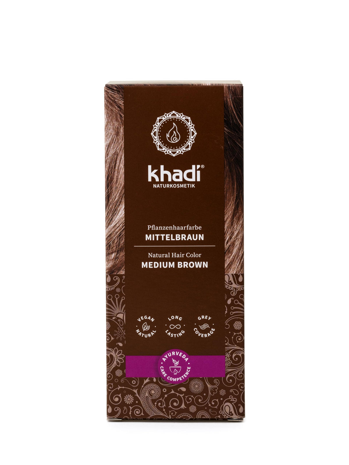 KHADI Medium Brown hair color packaging shows plant-based formula for home use.
