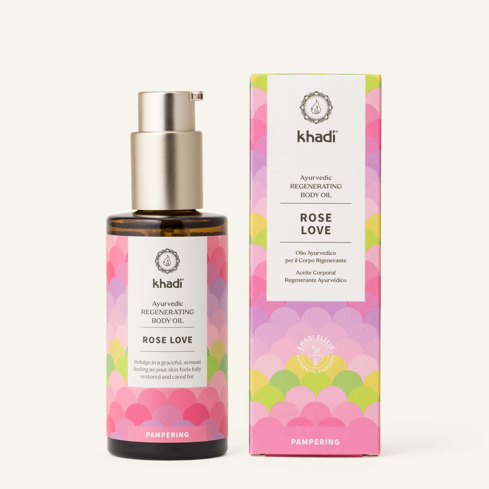 KHADI Rose Love oil pour closeup showing silky texture for absorption