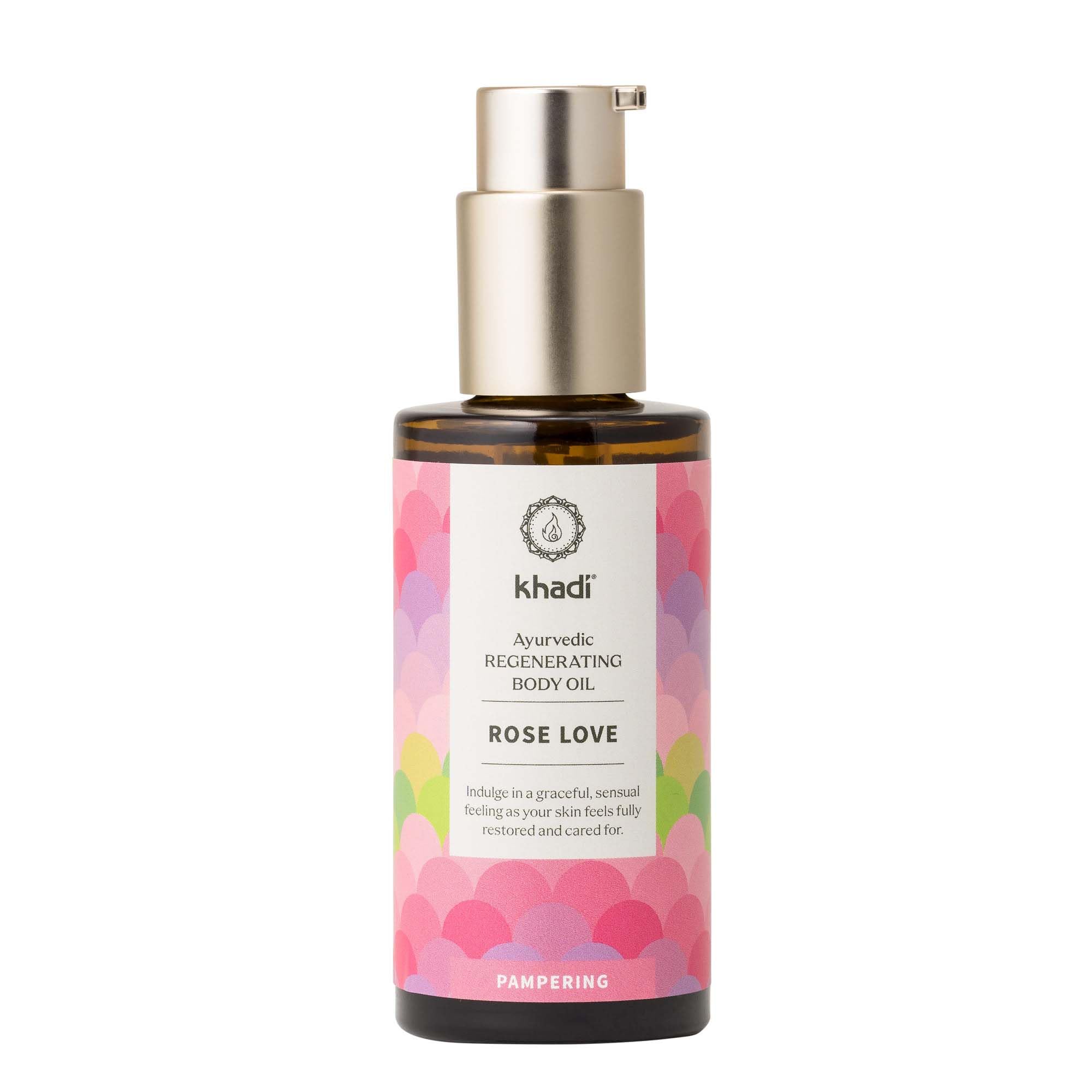 KHADI Rose Love regenerating oil bottle on display, hydrating skin