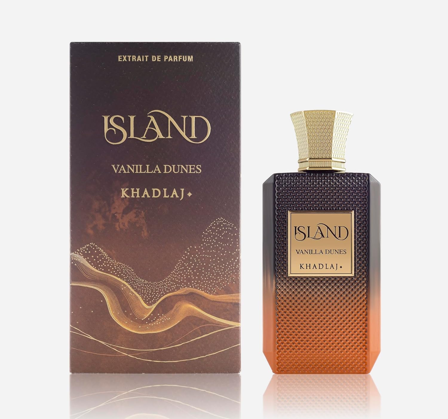Khadlaj Island Vanilla Dunes bottle front shows premium design for confident evenings.