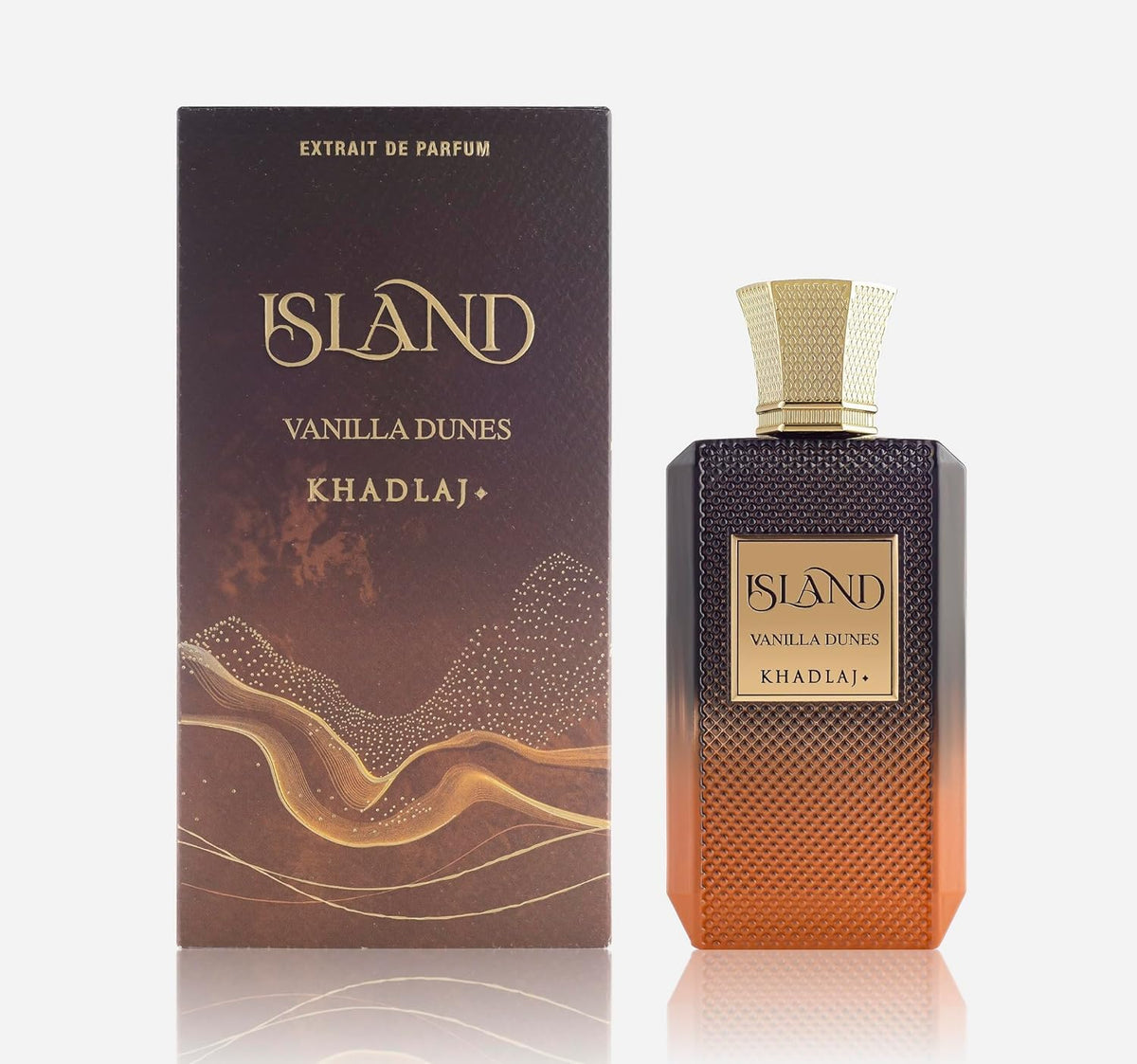 Khadlaj Island Vanilla Dunes bottle front shows premium design for confident evenings.